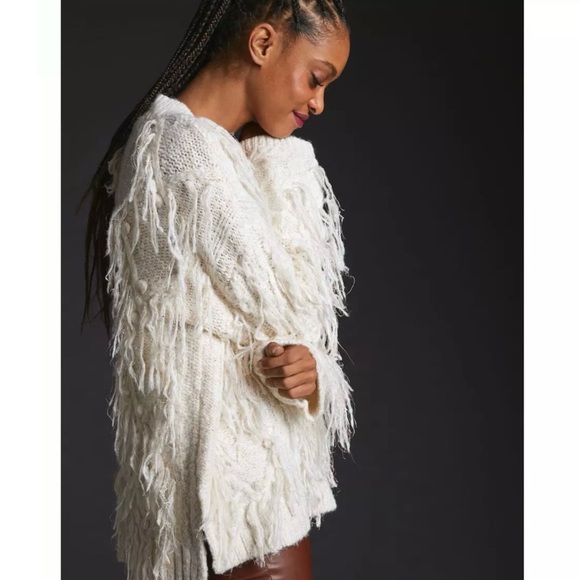 Anthropologie Fringed Pullover V-Neck Ivory Silver Threads Sweater Size Medium - Picture 3 of 13
